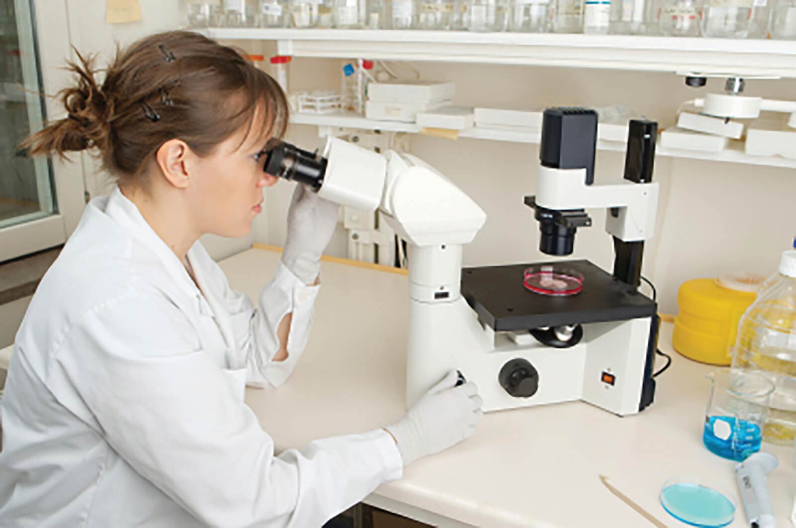 laboratory header image_doctor looking into microscope